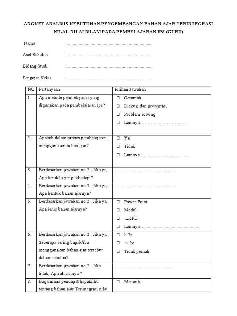 Angket Analisis Kebutuhan | PDF | Karier & Perkembangan