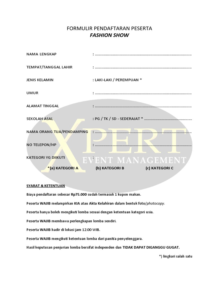 Formulir Pendaftaran Fashion Show | PDF