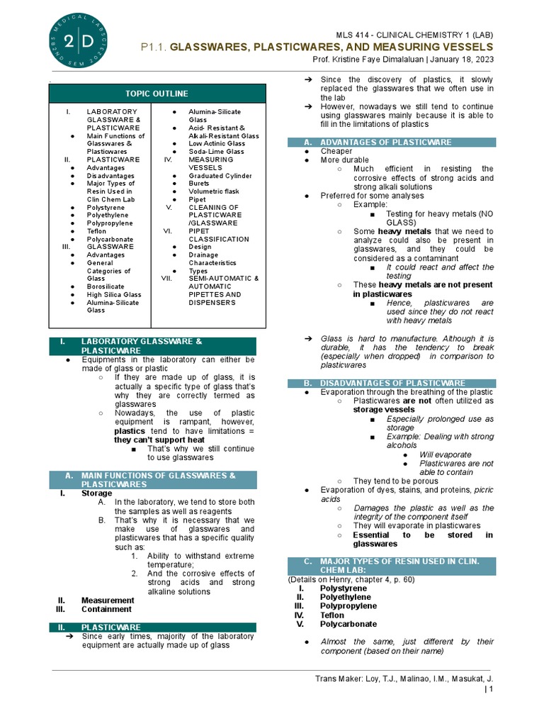 P1.1 Glassware, Plasticware, and Measuring Vessels | PDF | Glasses ...
