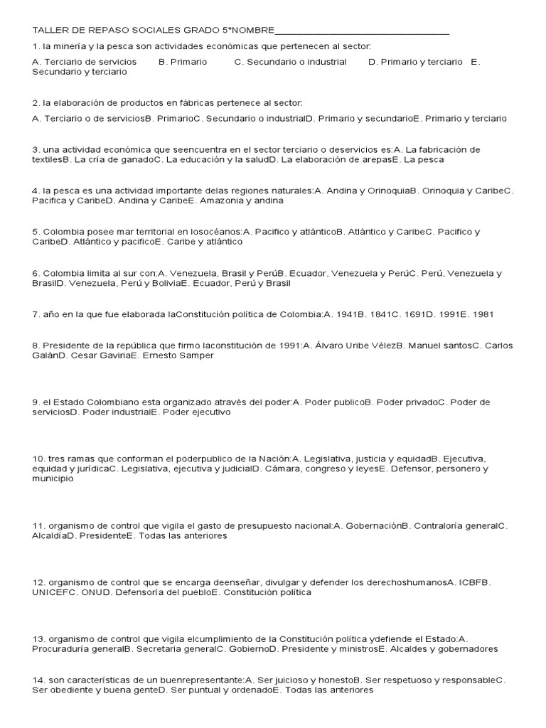 Taller de Repaso Sociales 5° Grado | PDF | Colombia | Venezuela