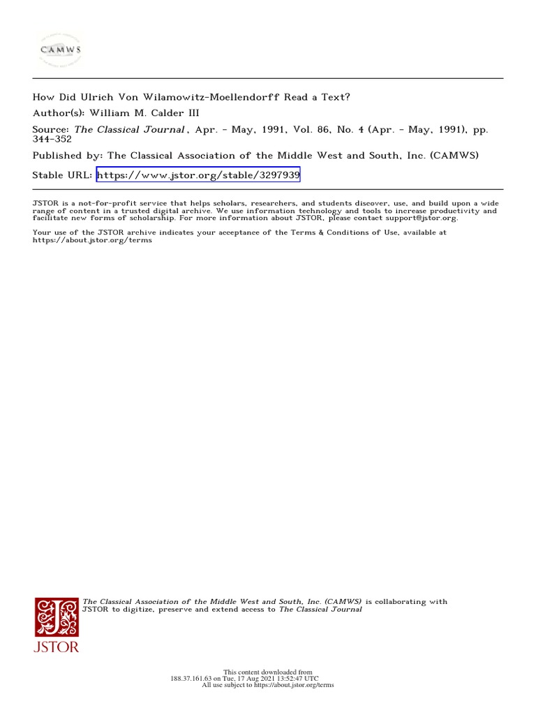 William Calder III, How Did Ulrich Von Wilamow PDF Plato