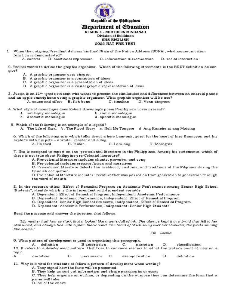 SHS English 2023 NAT Pre-Test Questions | PDF | Social Science