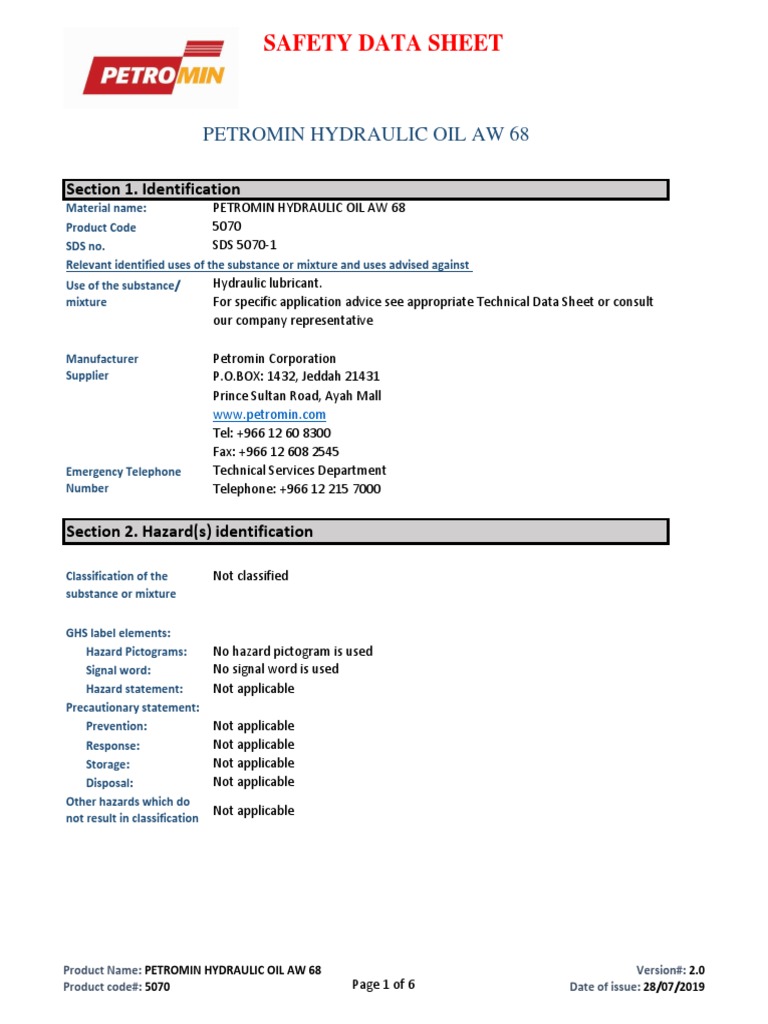 Petromin Hydraulic Oil AW 68 SDS | PDF | Dangerous Goods | Occupational ...
