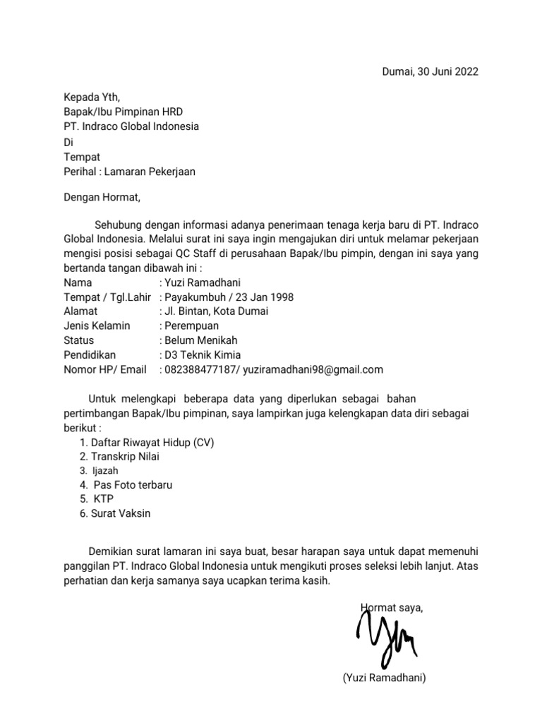 Surat Lamaran Pekerjaan PT. Indraco Global Indonesia | PDF