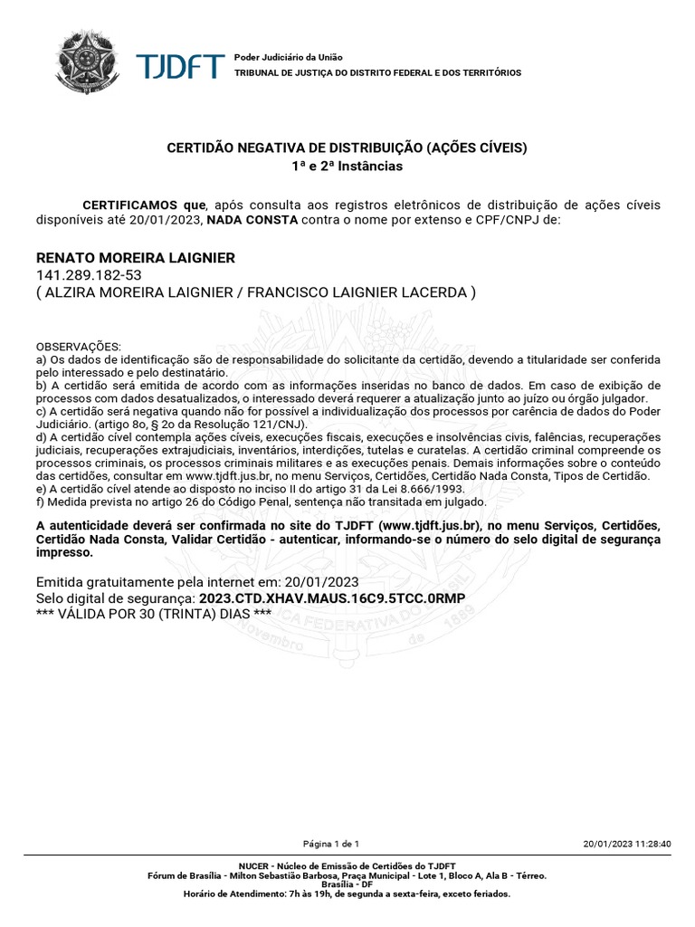 Certidão Negativa de Distribuição de Ações Cíveis para RENATO MOREIRA ...