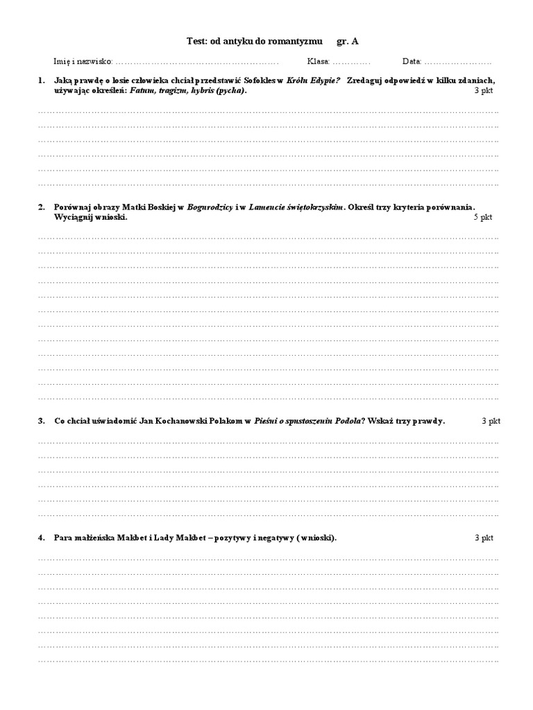 Test Od Antyku Do Romantyzmu PDF
