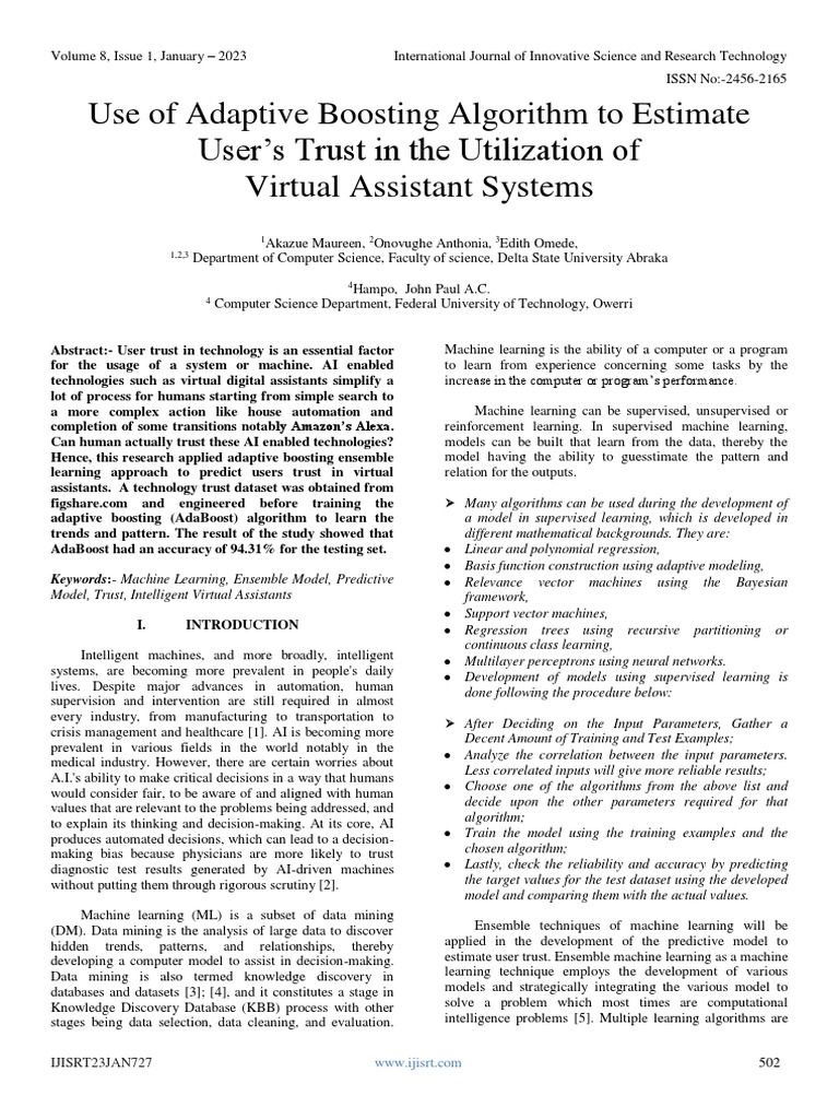 Use of Adaptive Boosting Algorithm To Estimate User's Trust in The ...