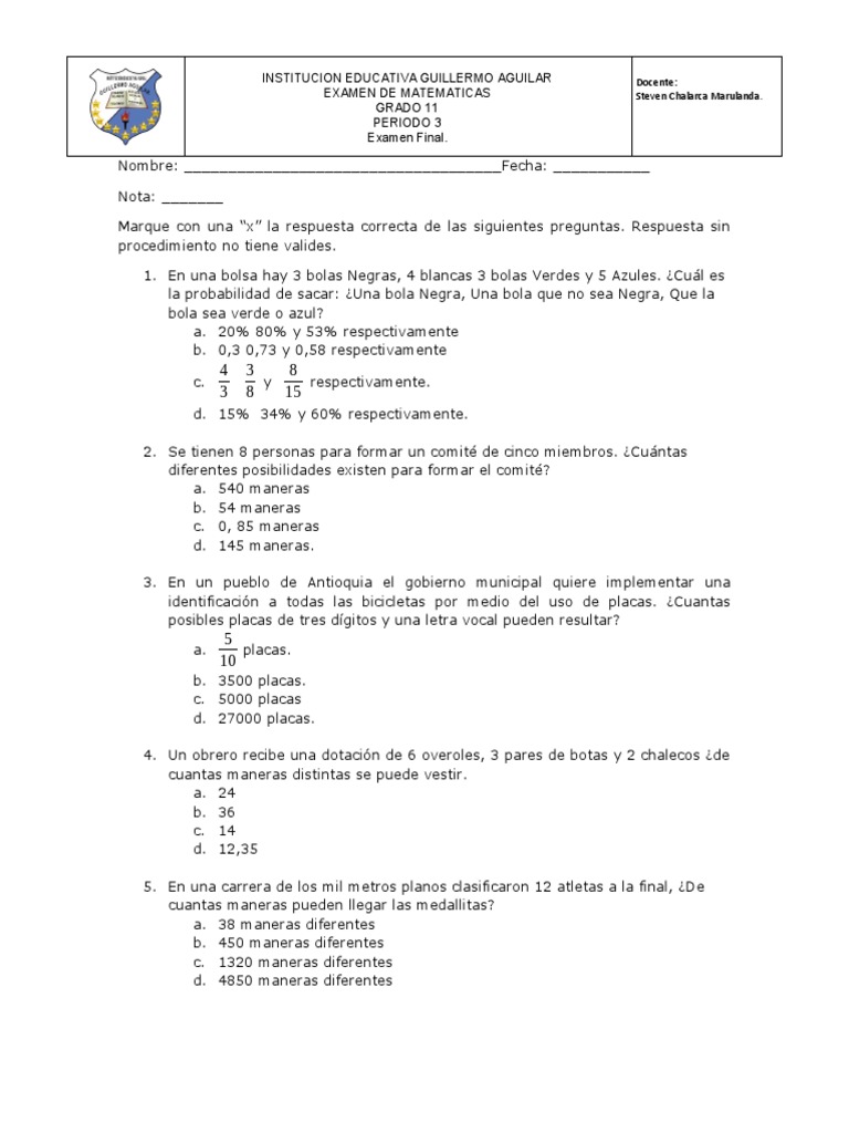 3P. Examen Final. 11° B 11 | PDF