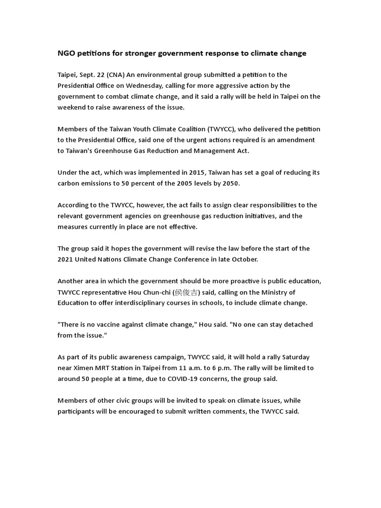 NGO Petitions For Stronger Government Response To Climate Change | PDF
