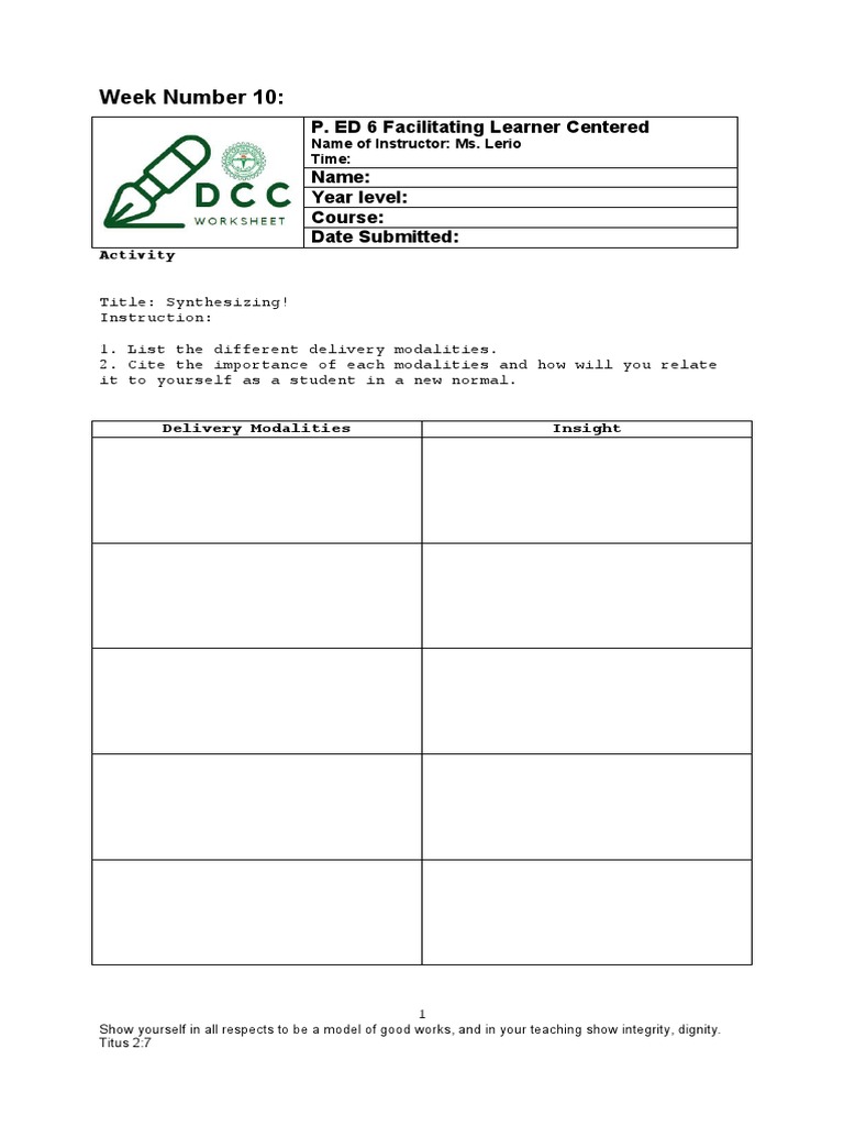 Week 10 Activity Sheet | PDF | Learning | Teaching Method