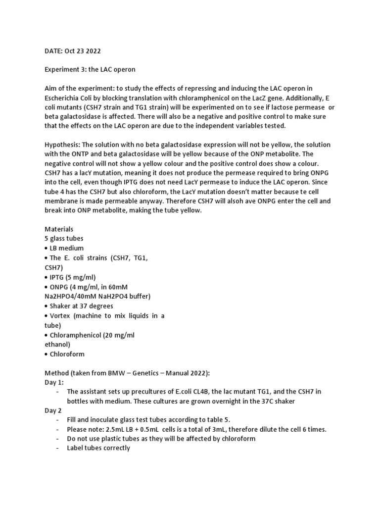 LAC Operon Lab Journal PDF Biology Chemistry