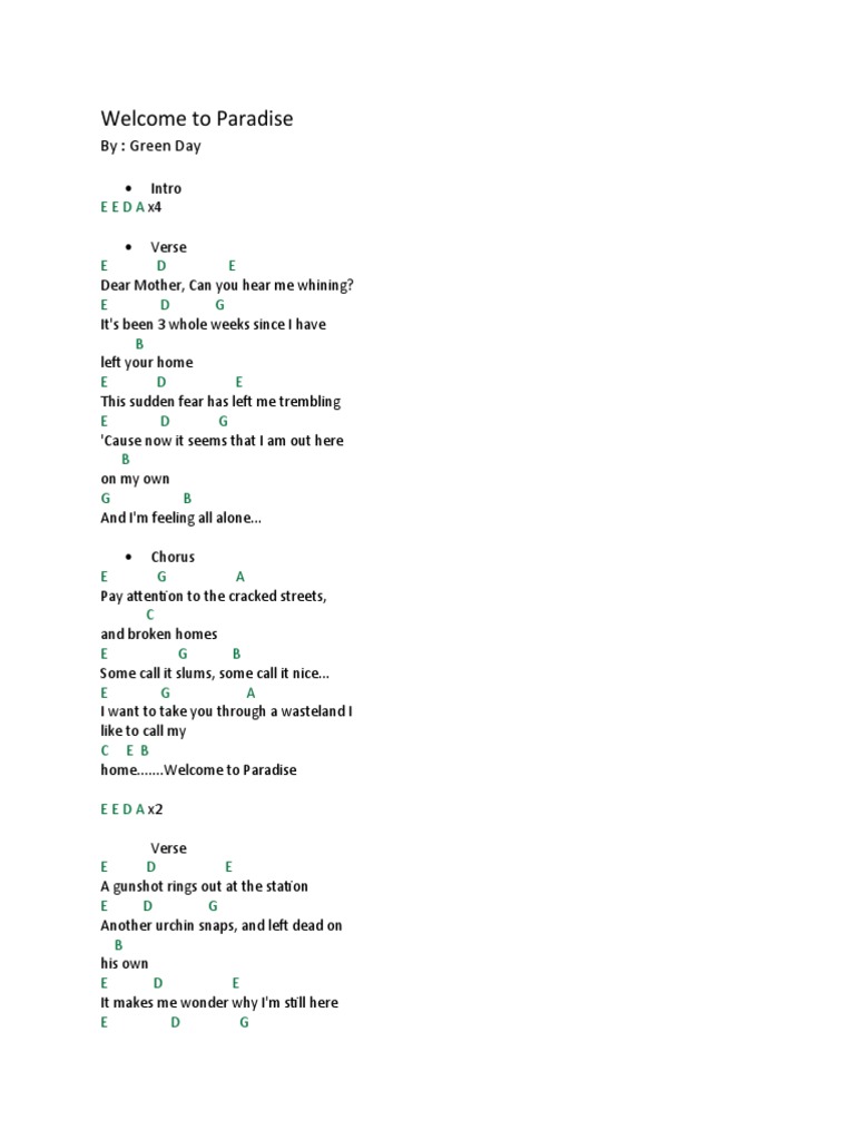 Welcome to paradise green day guitar chords pdf
