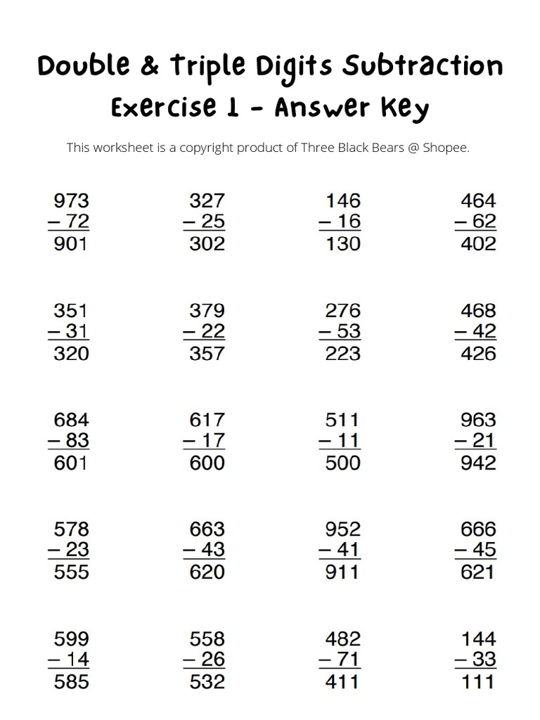 Double Triple Digits Subtraction Answer Key PDF Arithmetic Mathematics