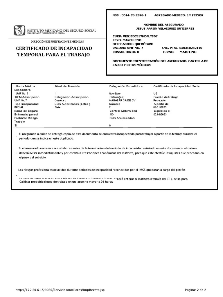 Certificado de Incapacidad IMSS 2023 | PDF | Ciencias de la Salud