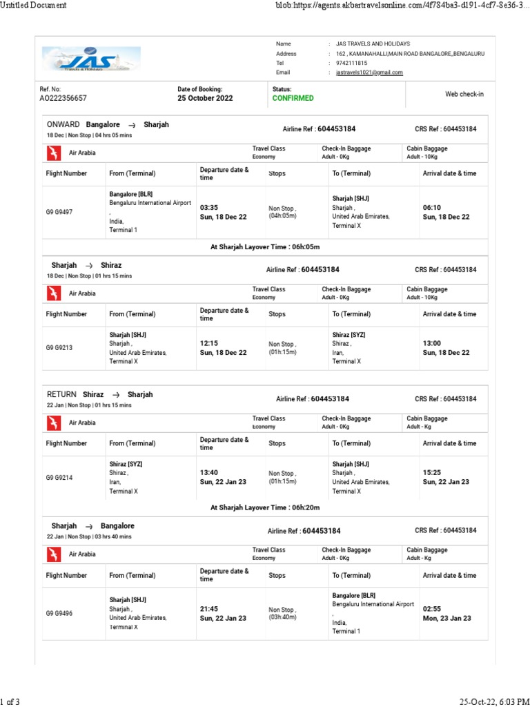 MultiCity Flight Itinerary from Bangalore, India to Shiraz, Iran and