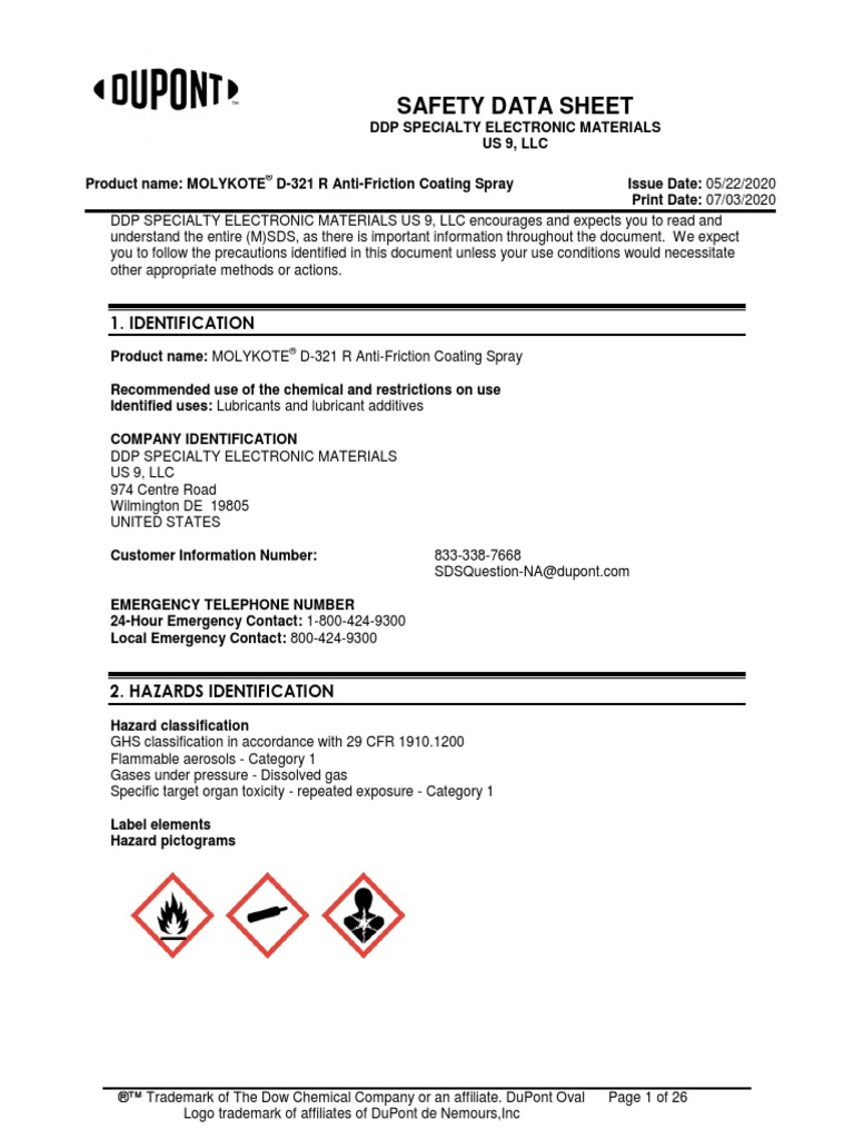 Sds Molykote R D321RAntiFriction Coating Spray Us 2020 PDF