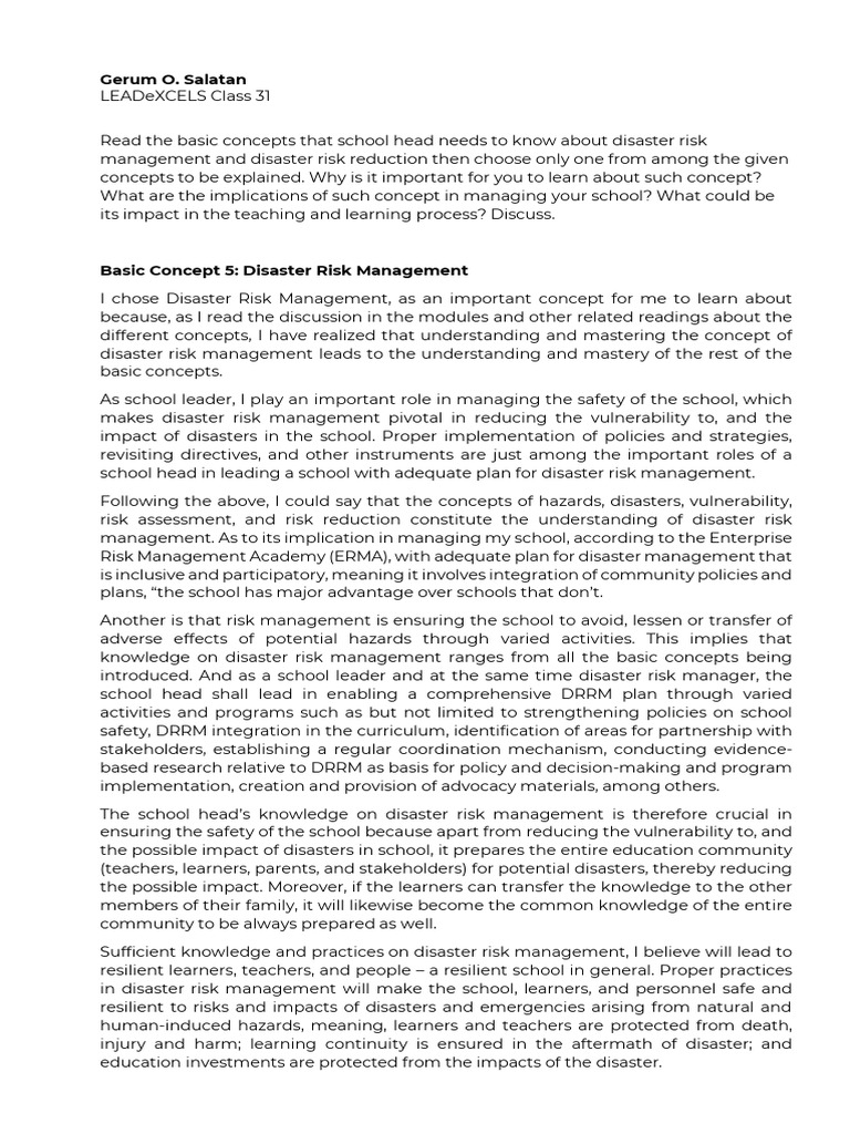School Disaster Risk Management Essentials | PDF | Risk Management ...