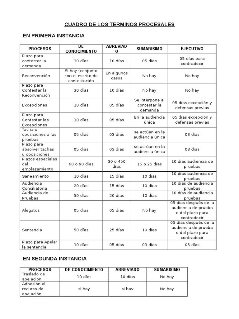 Plazos Procesales en Primera y Segunda Instancia | PDF | Apelación ...