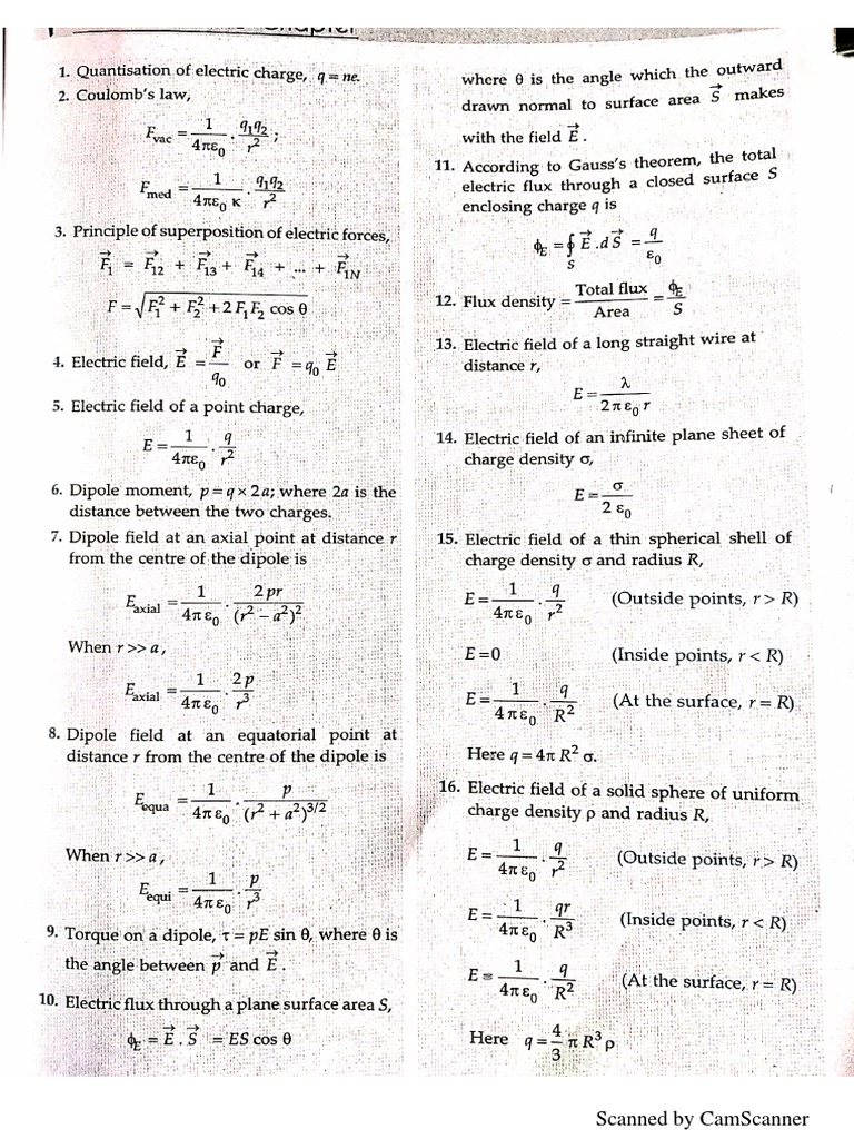 Formulae Sheet Class 12 Physics | PDF