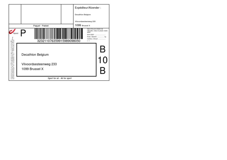 BPOST Retourlabel Étiquette de Retour Decathlon PDF