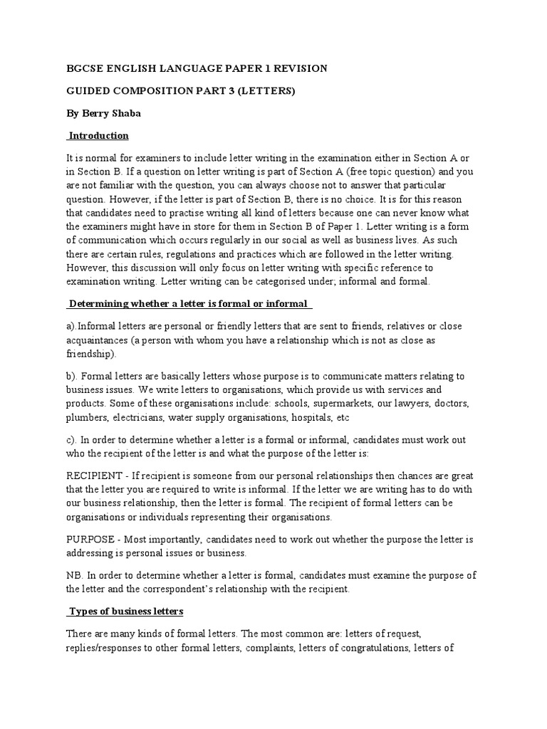 BGCSE English Paper 1: Letter Writing Guide | PDF