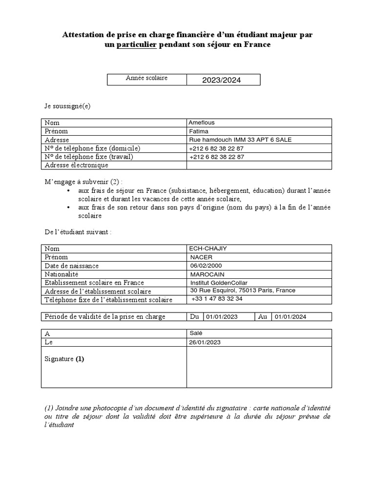 Attestation de prise en charge étudiant | PDF