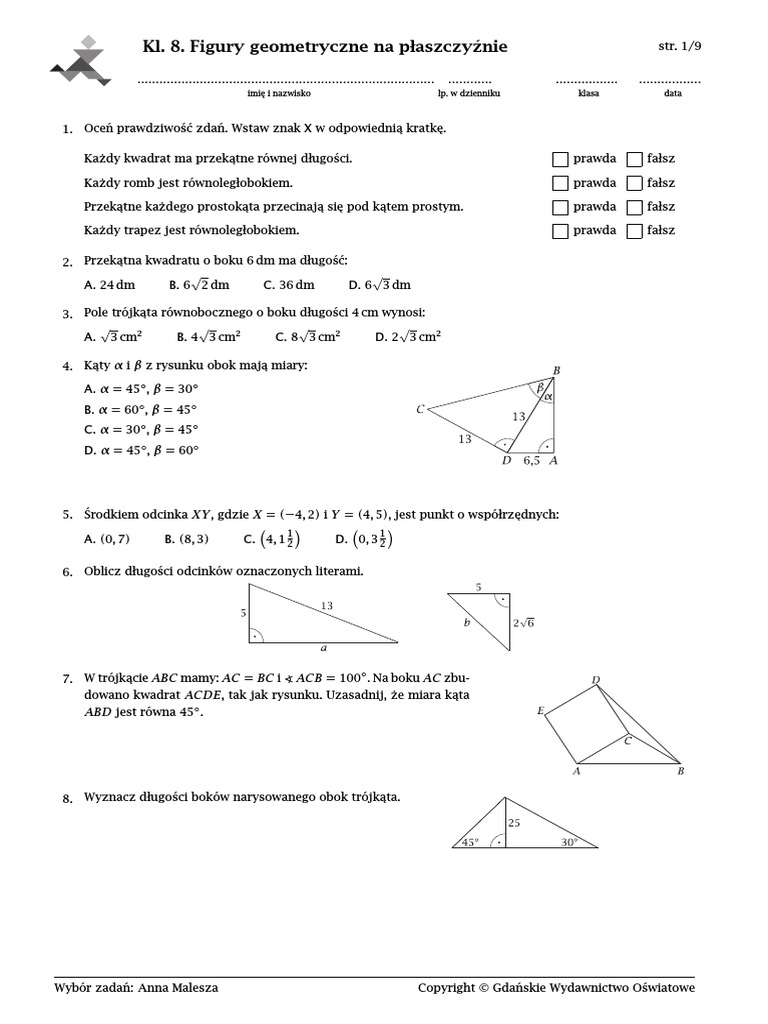 Sprawdzian Klasa 4 Matematyka Figury Geometryczne