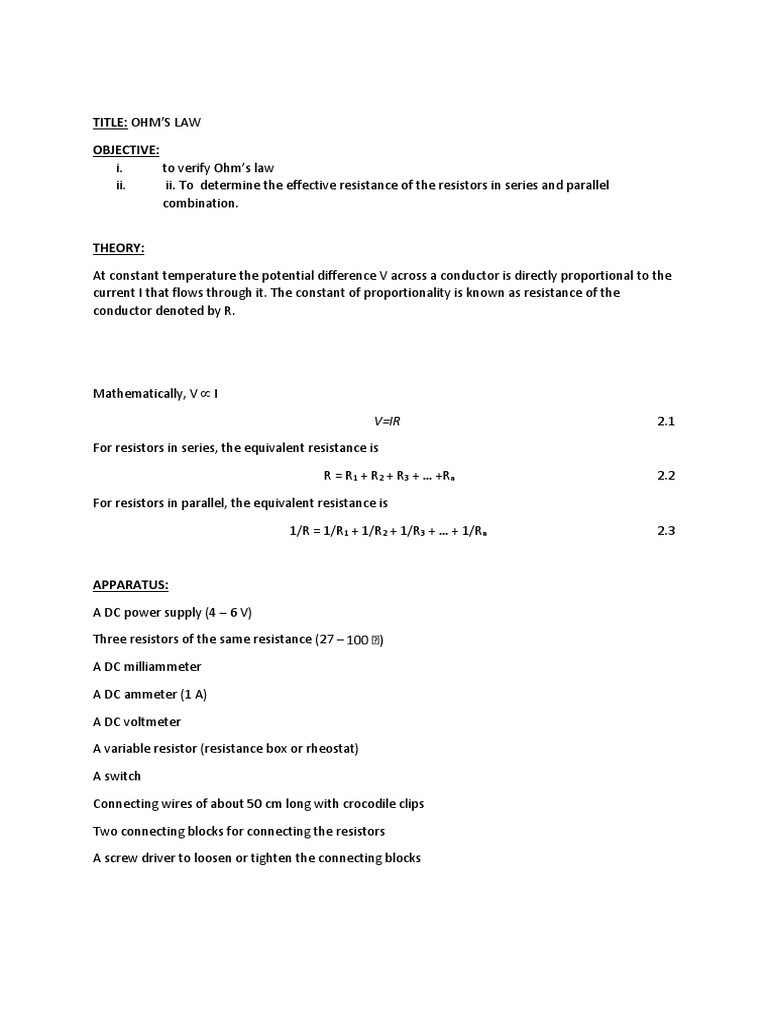 Lab Report OHM's Law Download Free PDF Resistor Series And