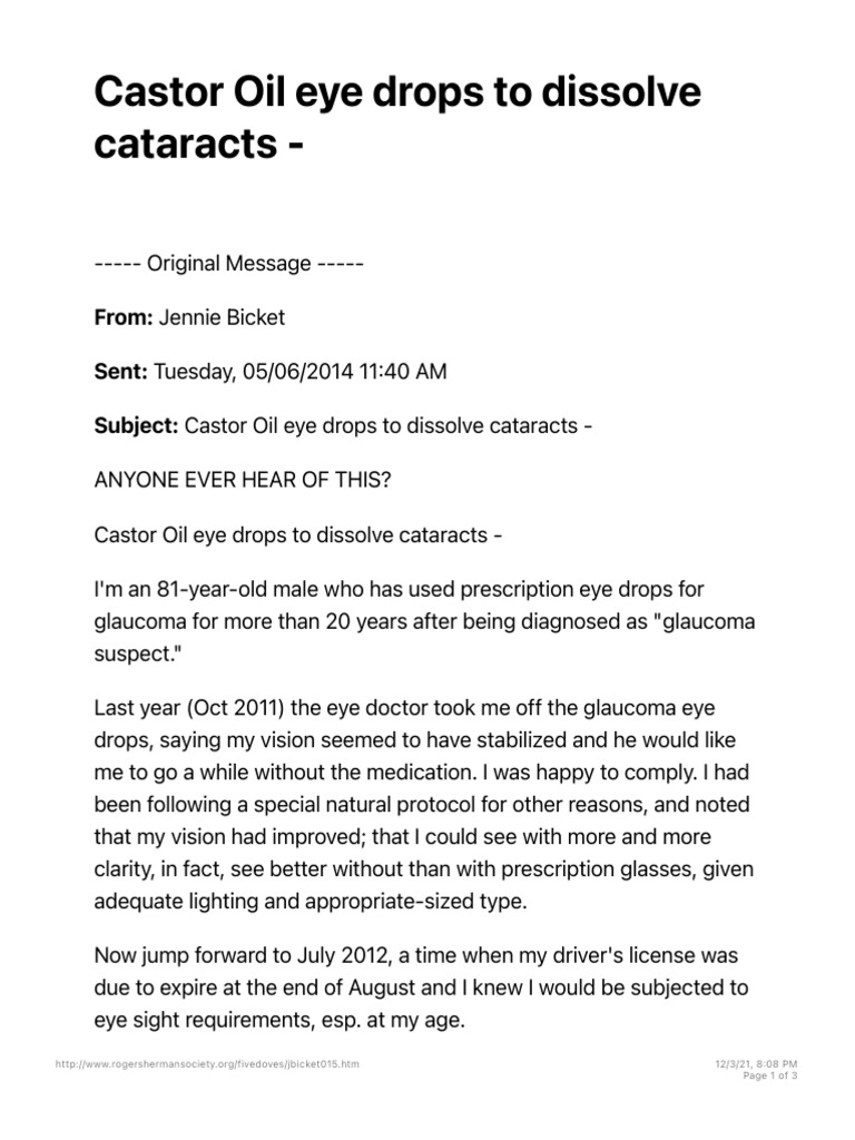 Castor Oil Eye Drops To Dissolve Cataracts PDF Human Eye