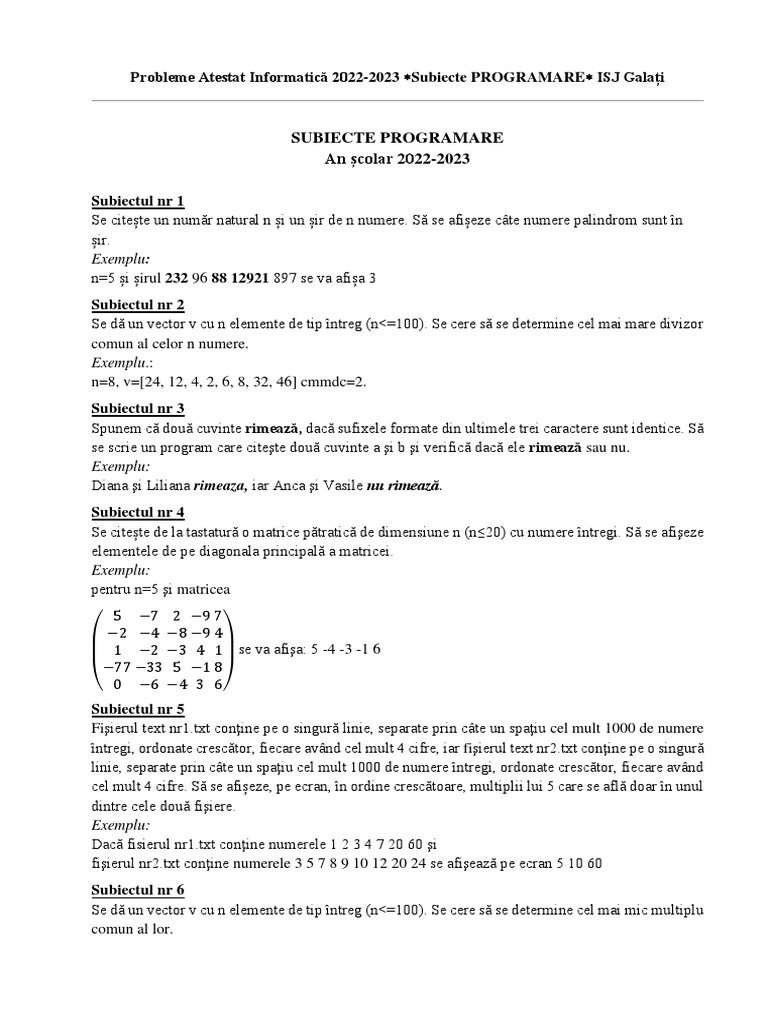 Subiecte Atestat Programare 2022-2023 | PDF