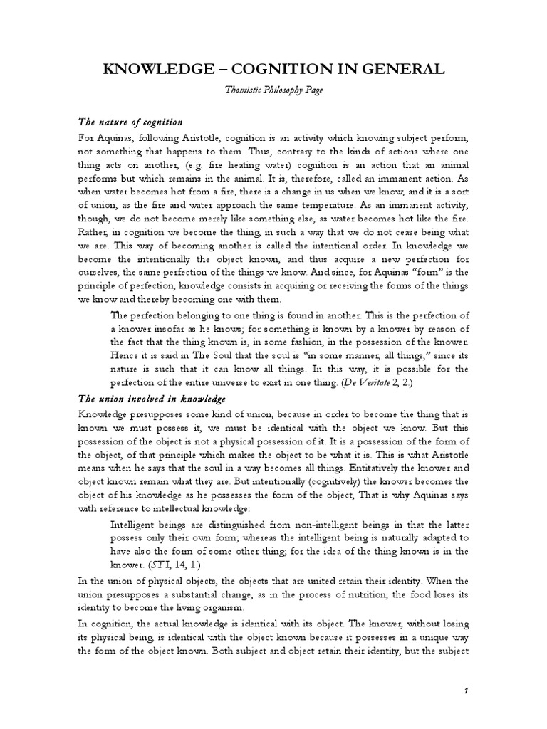 Cognition and Knowledge in Thomism | PDF | Nous | Senses