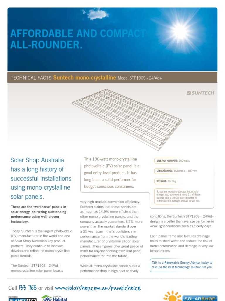 SSAFactSheet Suntech 190w | PDF | Photovoltaics | Solar Panel