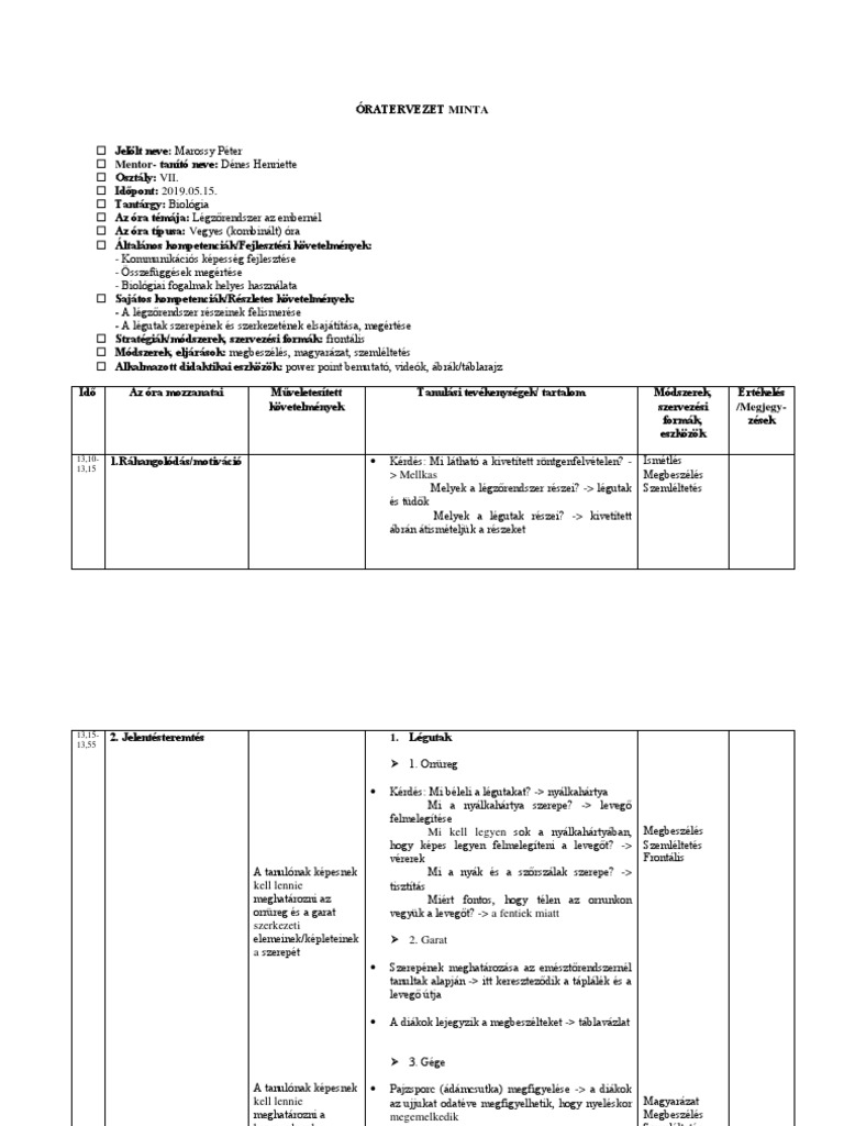 Légz - Rendszer Az embernél-VII - Lecketerv | PDF