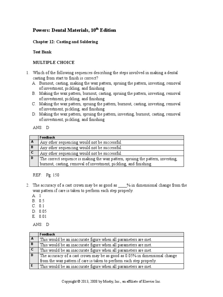 Chapter 012 Dental Material MCQ Test Bank Chapter 1 PDF Casting