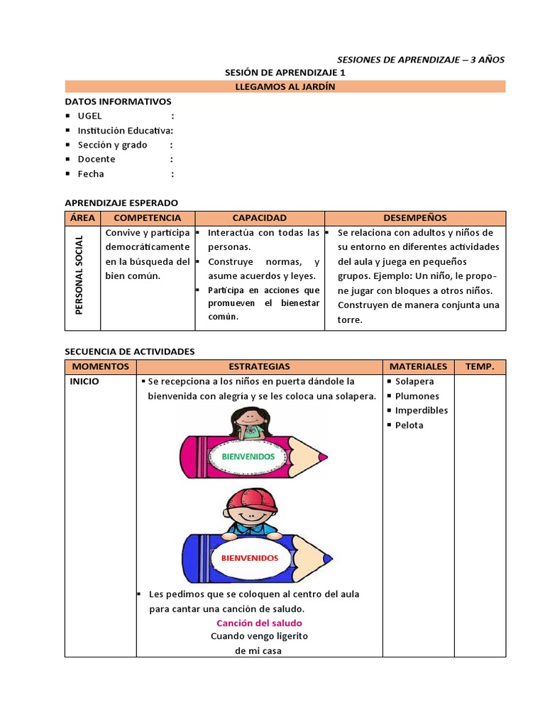 Sesiones de Aprendizaje para Inicial 3 Años | PDF | Aprendizaje | Salón ...