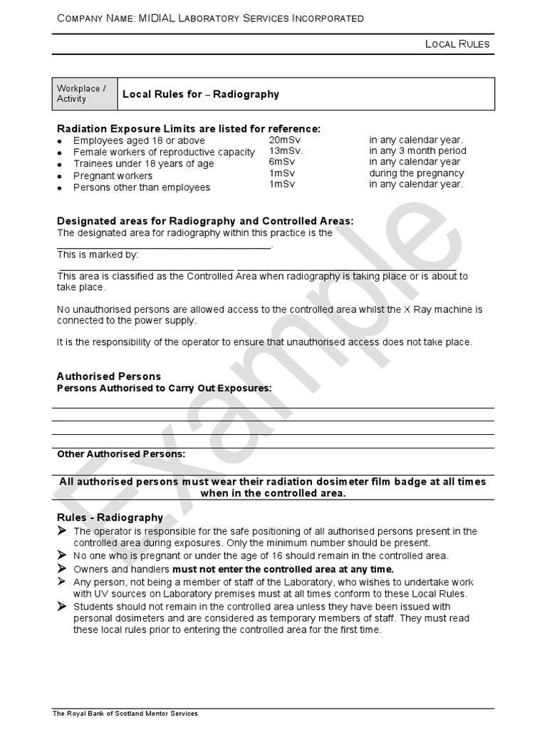Ionising Radiation Local Rules Example PDF Radiography X Ray