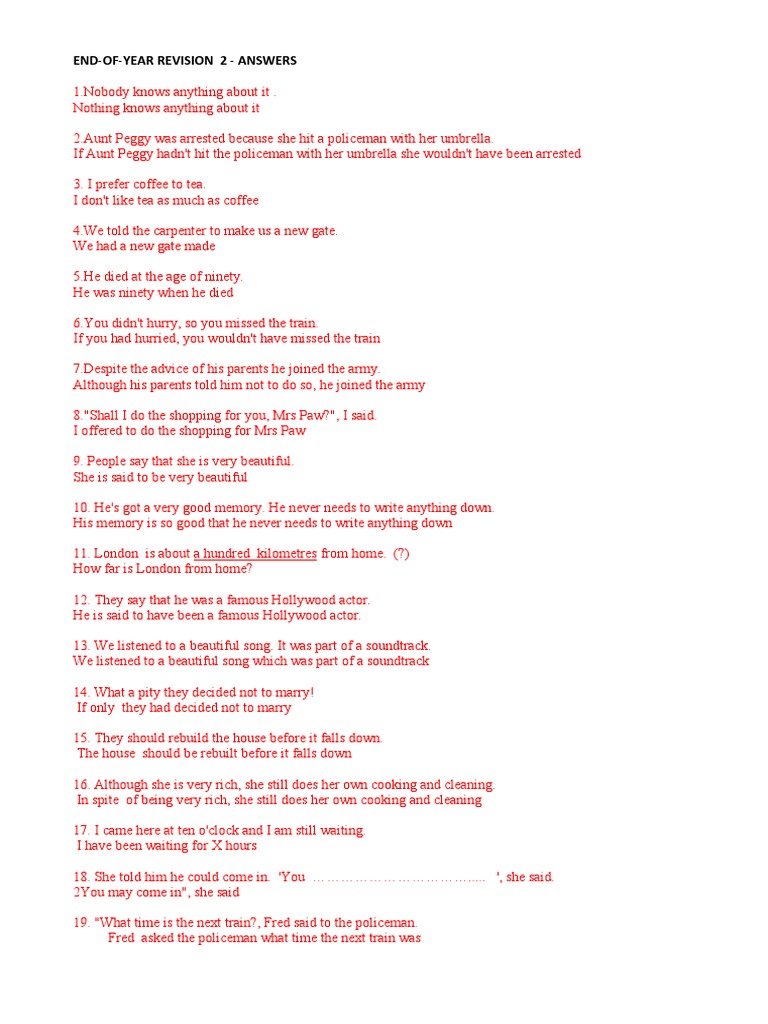 End-of-Year Revision Answers Guide | PDF