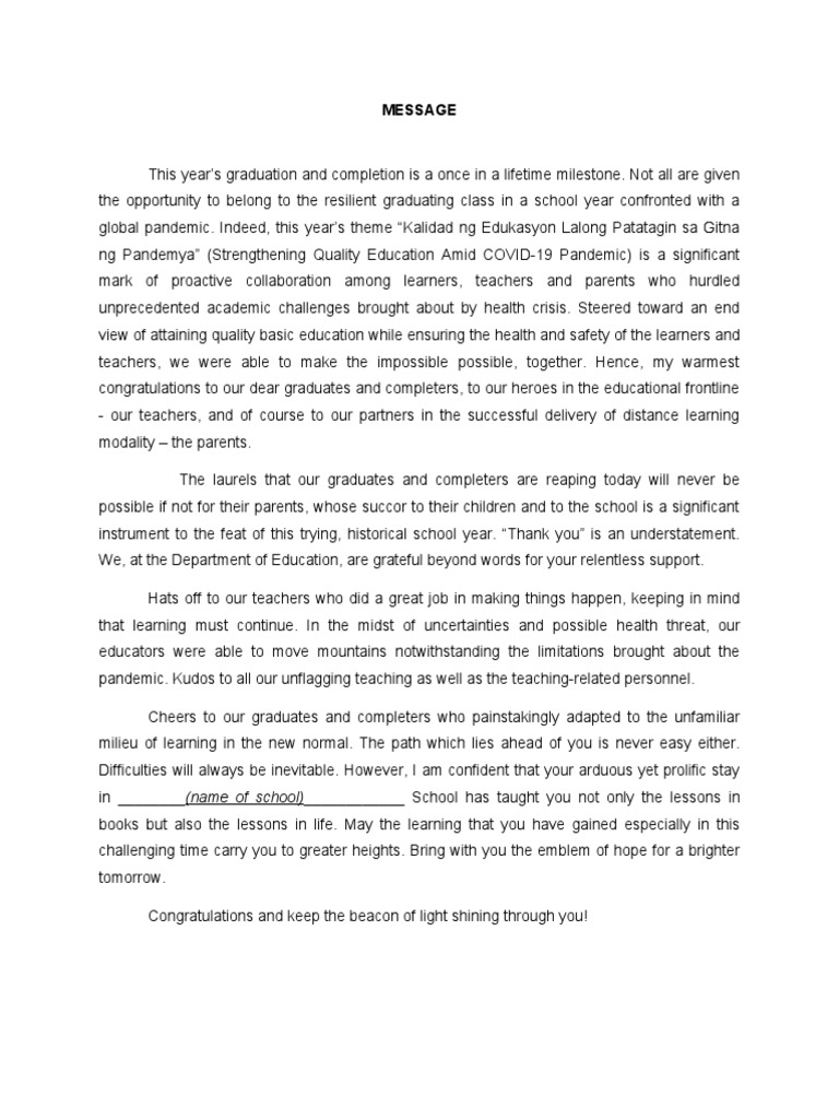 Graduation MESSAGE | PDF | Language Arts & Discipline | Wellness