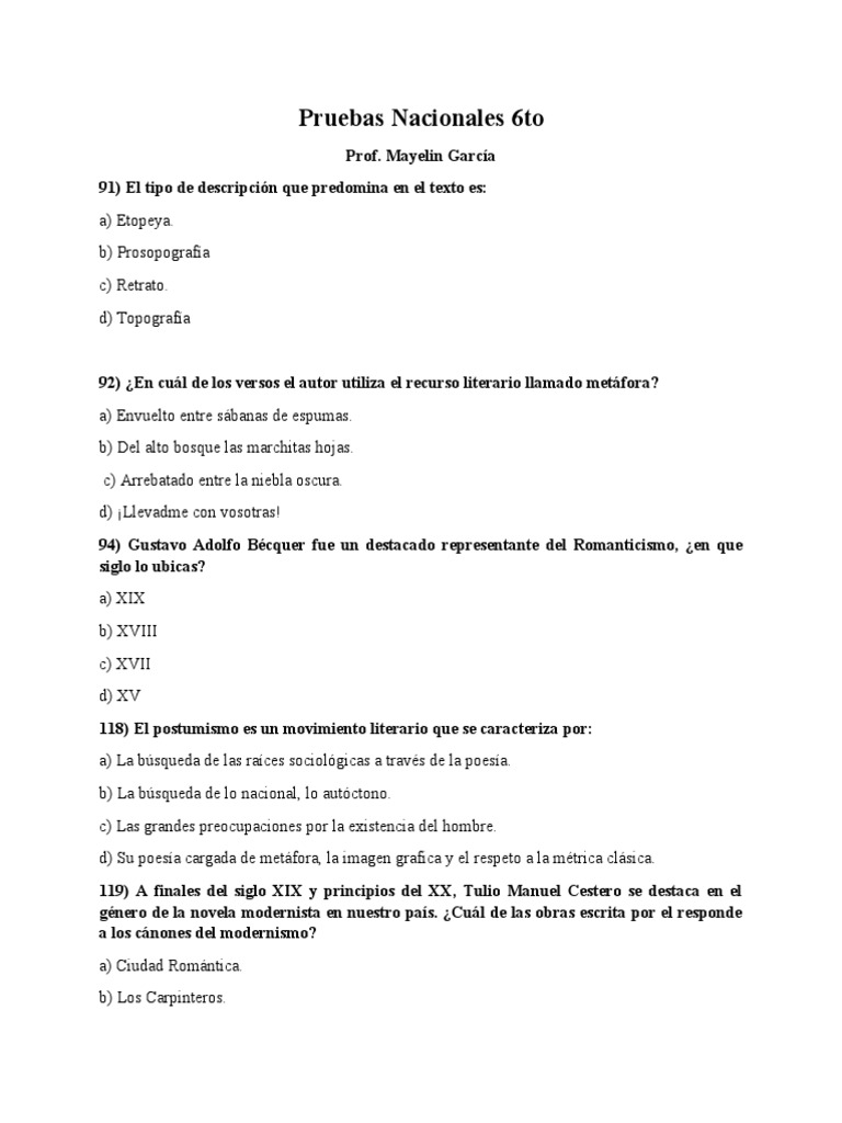 Pruebas Nacionales 6to PDF Realismo literario Literatura en español