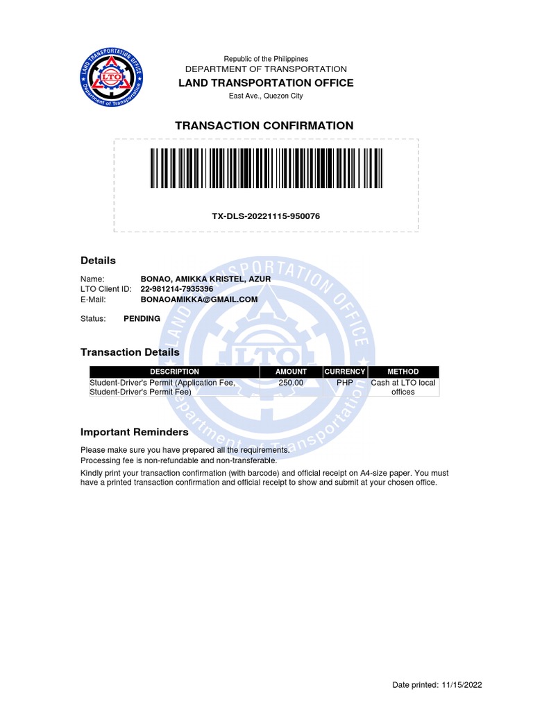LTO Client ID Confirmation Details | PDF