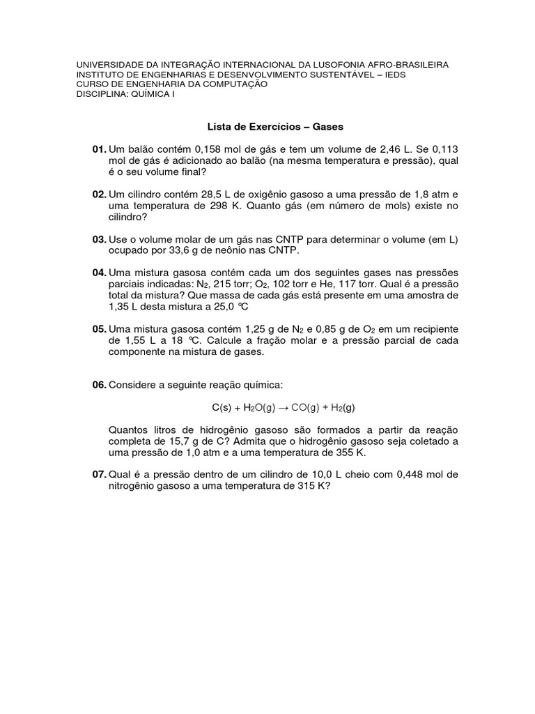 Exercícios de Química sobre Gases | PDF
