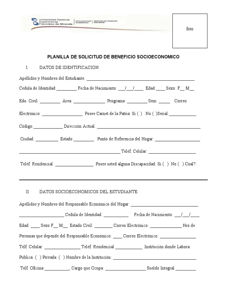 Planilla de Solicitud de Beneficio Socioeconomico PDF