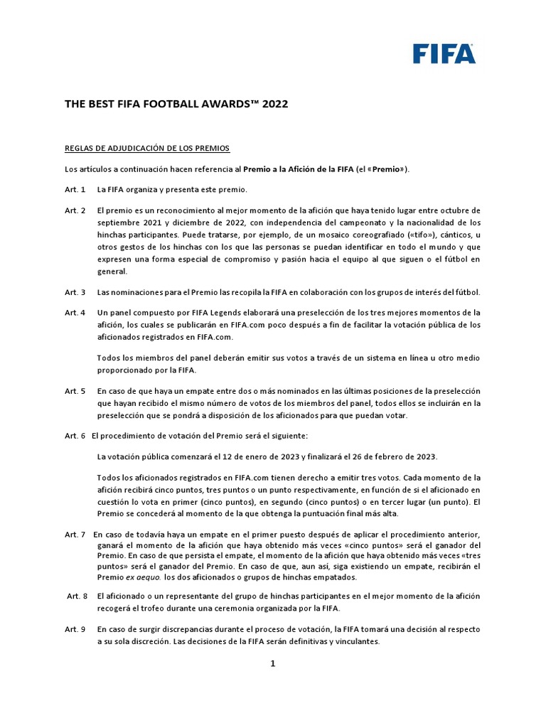 Premio FIFA Fan Award 2022: Reglas y Votación | PDF | Asociación de ...