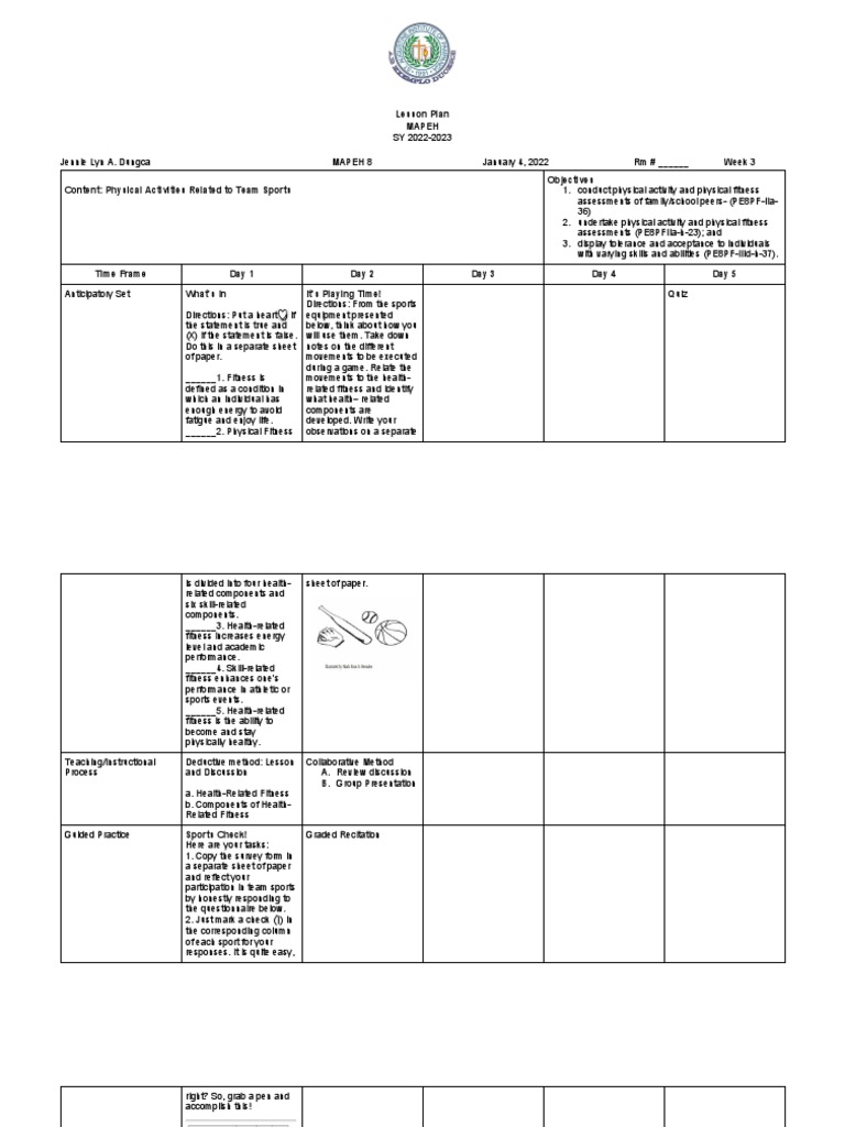 Lesson Plan Mapeh 8 Week 3 Pdf Physical Fitness Lesson Plan