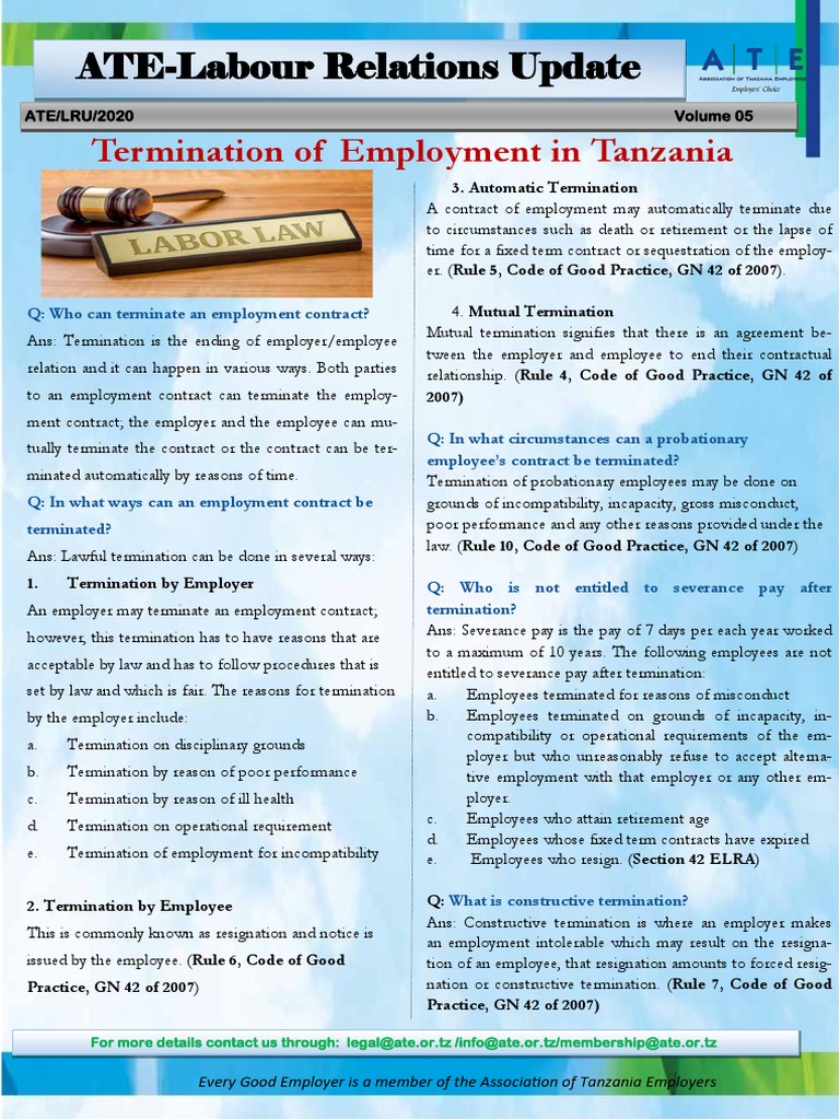 Termination of Employment in Tanzania PDF Employment Employee