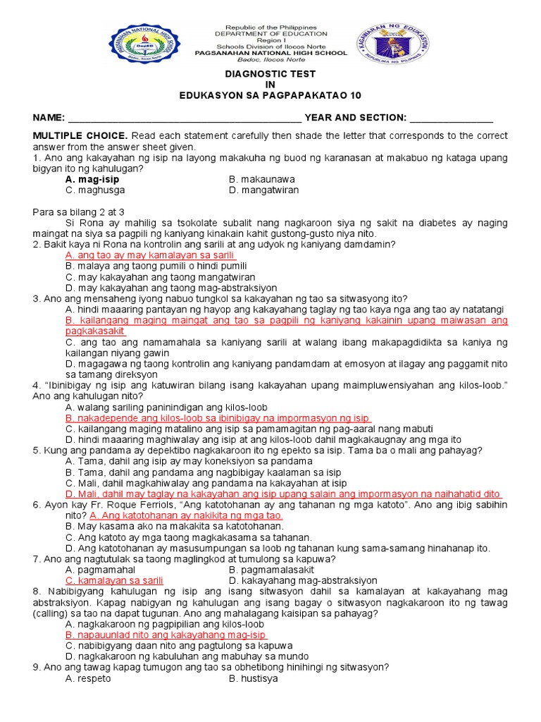 Diagnostic Test In Esp 10 Answer Key Pdf