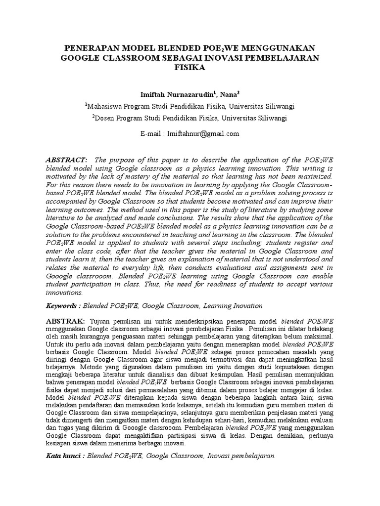 Blended poe2we model using google classroom pdf teaching method