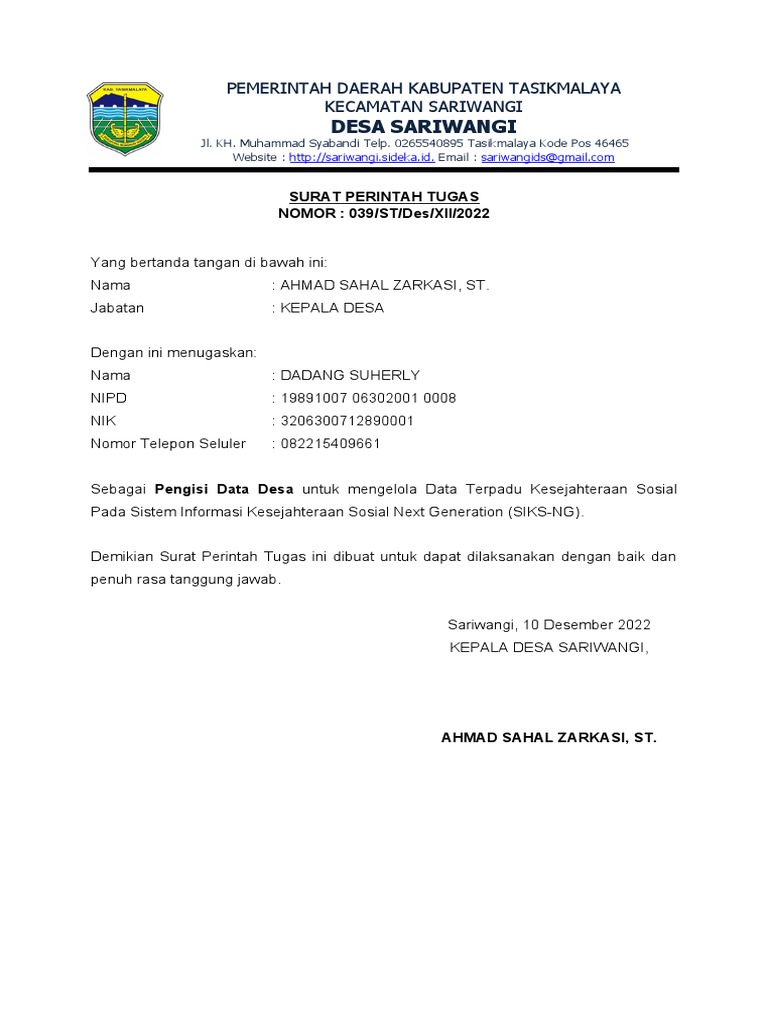 Surat Perintah Tugas Pengisi Data Desa | PDF