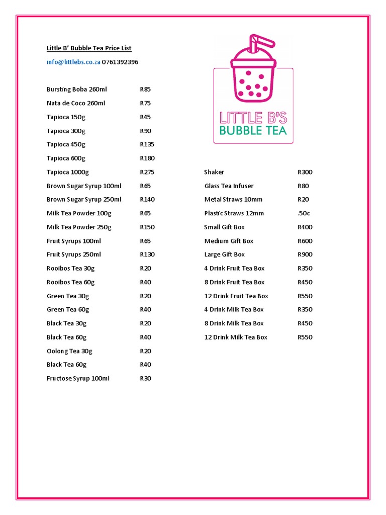Little B's Bubble Tea Price List PDF