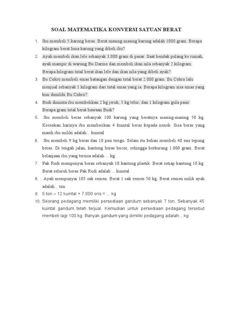 Soal Matematika Konversi Satuan Berat | PDF | Memasak, Makanan, & Anggur